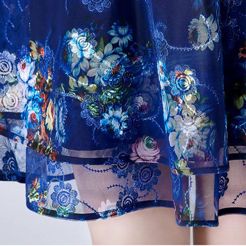 Fashion Summer Embroidered Dress Midi Embroidery Mesh Lace Dress Short Sleeve Party Dress
