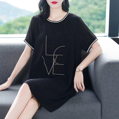Cotton Mid-length Dress Women Loose Plus Size Summer T-shirt Skirt All-match Black Round Neck Short Sleeve Dress