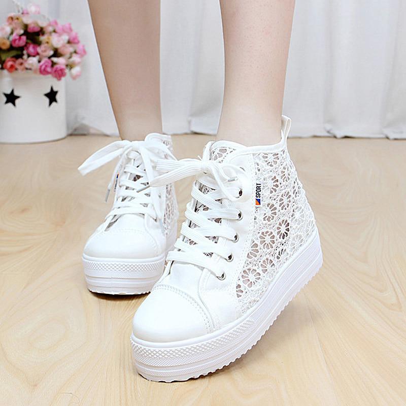 Cutouts Lace Canvas Shoes Hollow Floral Print Breathable Platform Women Casual Shoes Woman