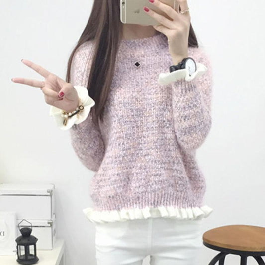 Autumn Winter  Sweater Women's Pullover Sweet Wood Ears Student Short Clothes Fresh Knitted Bottoming Sweater