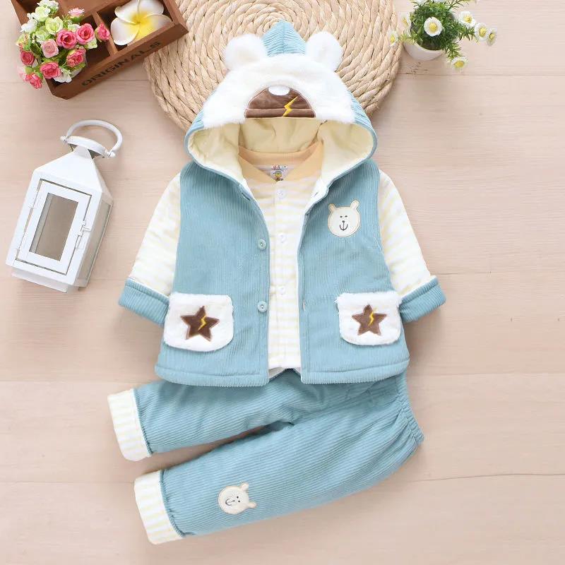 Newborn Autumn and Winter Children's Clothes Autumn Western Style Solid Color Hooded Baby Cotton Coat Winter Thin Cotton Three-piece Suit
