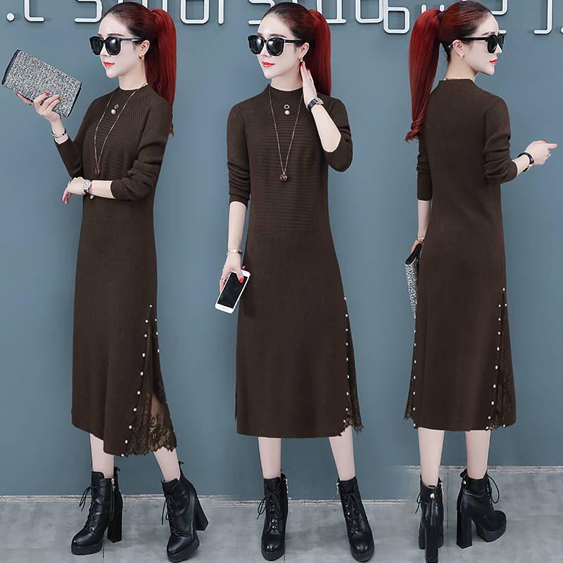 Sweater Dress Female Long-sleeved Autumn Winter Thickened Over Knee Knitted Skirt Black Long Skirt