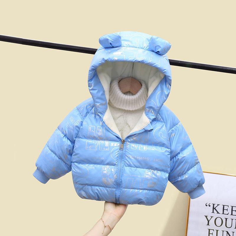 Girls Printing Plus Velvet Padded Cotton Jacket Hooded Winter Short Warm and Windproof Jacket