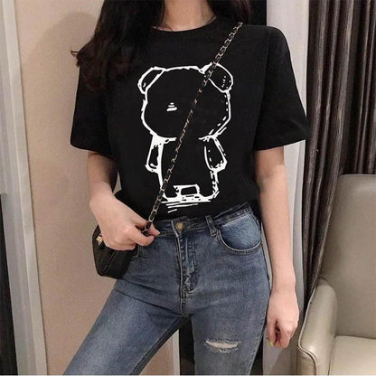 Cotton Short-sleeved T-shirt Women's Loose Korean Style Fashion Solid Color Bear Half-sleeve Top Clothes