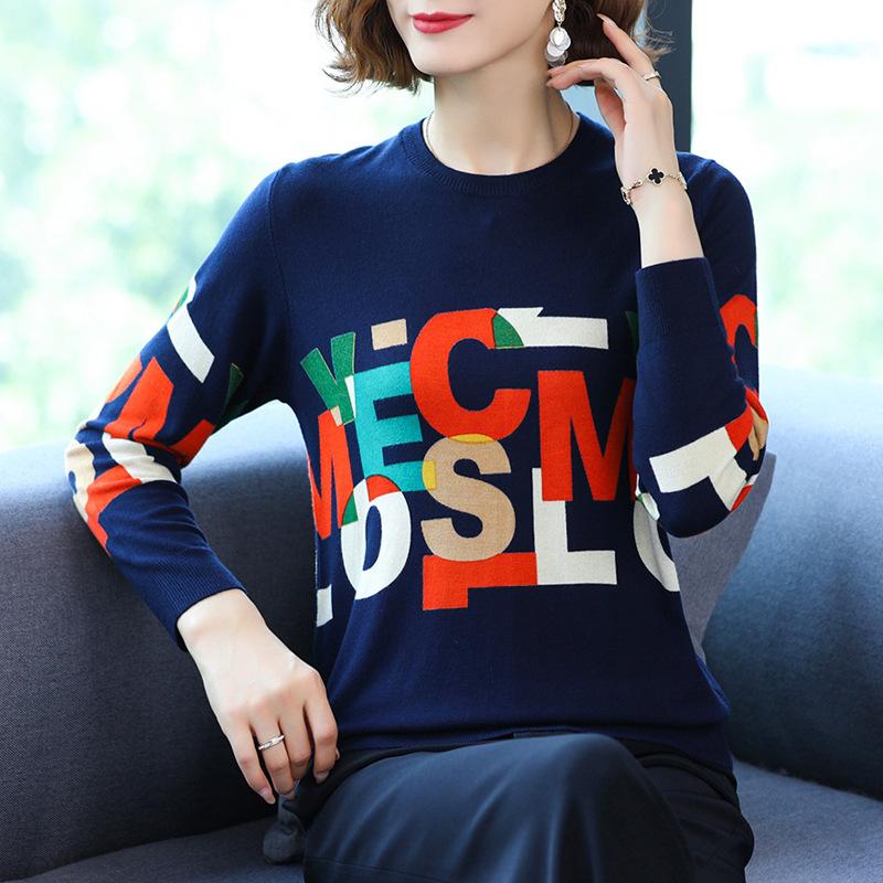 Fall Winter Woolen Sweater Contrast Letter Printed O-Neck Long-sleeve Bottoming Sweater Ladies Pullover Knit Jumper