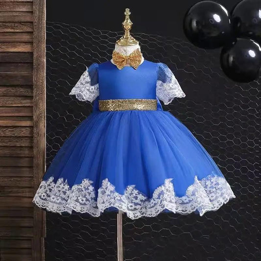 Temperament Girls Dress Skirt Lace Bow Dress Princess Skirt Round Neck Short Sleeve Lace Tutu Skirt Waist A-line Skirt Sweet Fairy Tale Skirt