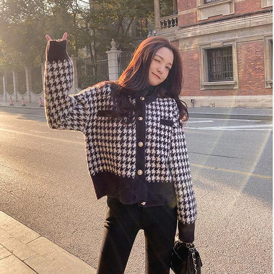 Top Women's Autumn Small Fragrant Wind Sweater Cardigan Jacket Short Plaid Mink Fleece Sweater