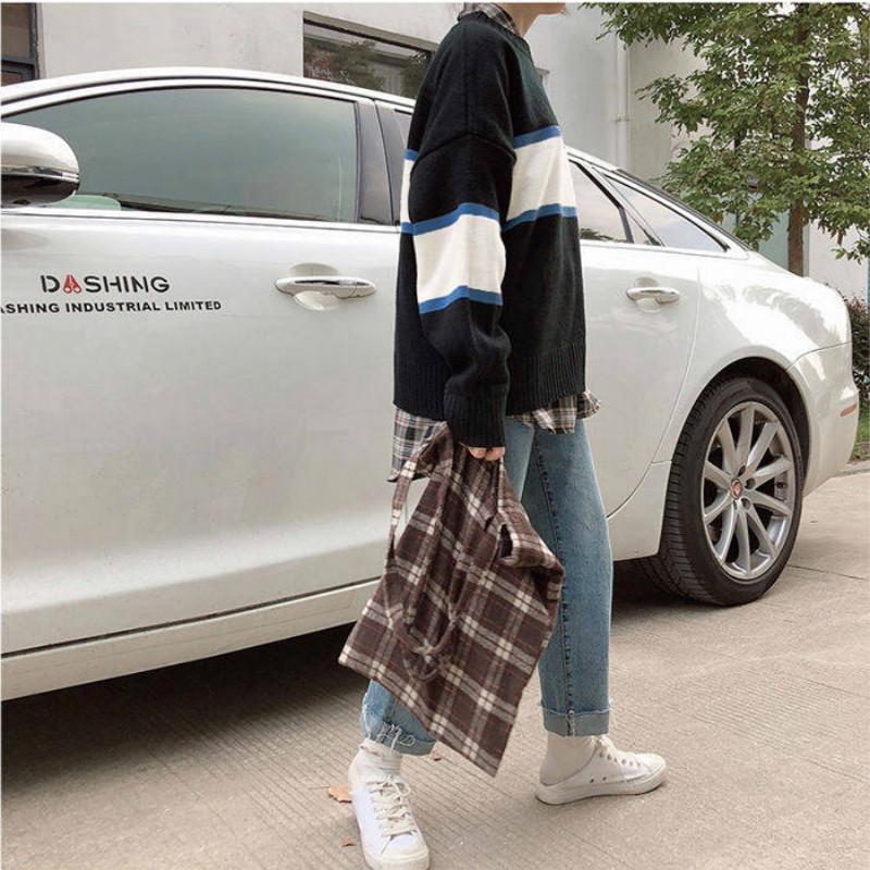 Winter Loose Round Neck Striped Stitching Sweater Female Pullover Long Sleeved Sweater