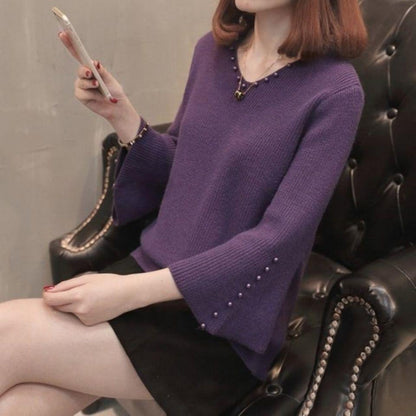 Spring and Autumn Solid Color Pullover Sweater Women's Beaded Loose Short V-neck Knitwear