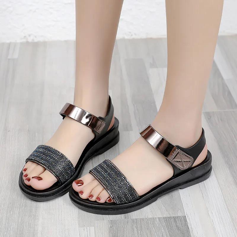 Sandals Female Roman Shoes Summer Rhinestone Fairy Style Wild Tide Shoes Slope Heel Fashionable Mother Sandals Out