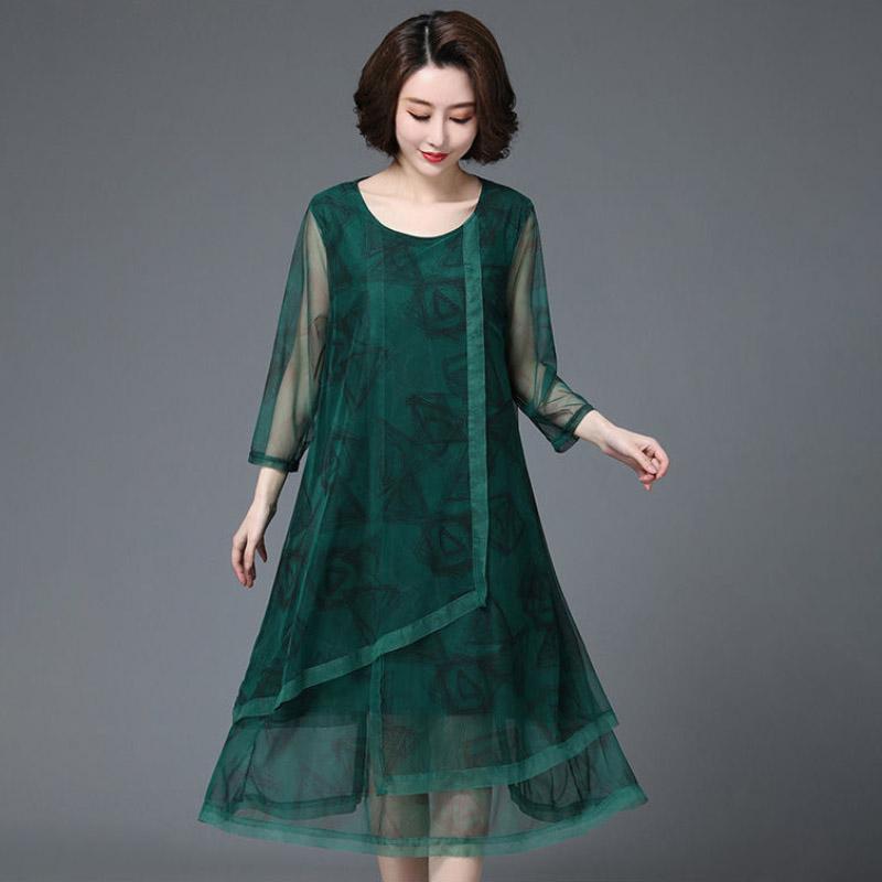 Summer Women's Net Gauze Dress Plus Size Slimming A-line Skirt Casual Solid Color Printed Mid Skirt
