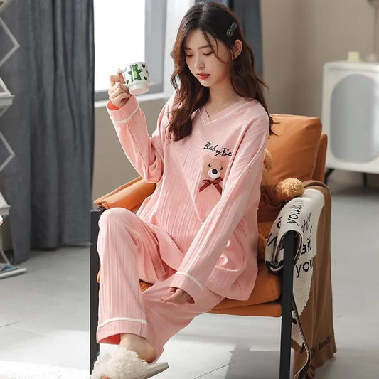 Long-sleeved Pajamas Set Women's Cotton Cartoon Printed Suit Spring Autumn Loose V-neck Home Clothes Can Be Worn Outside