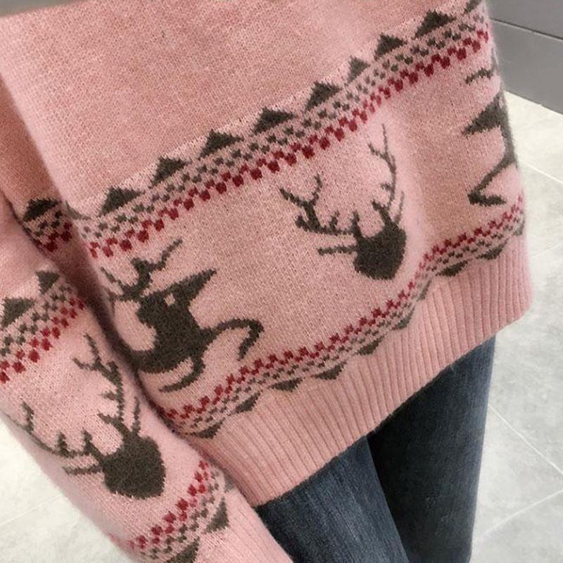 Autumn and Winter Thick Sweater Fawn Pattern Jacquard Knitted Bottoming Shirt Loose and Simple Women's Top