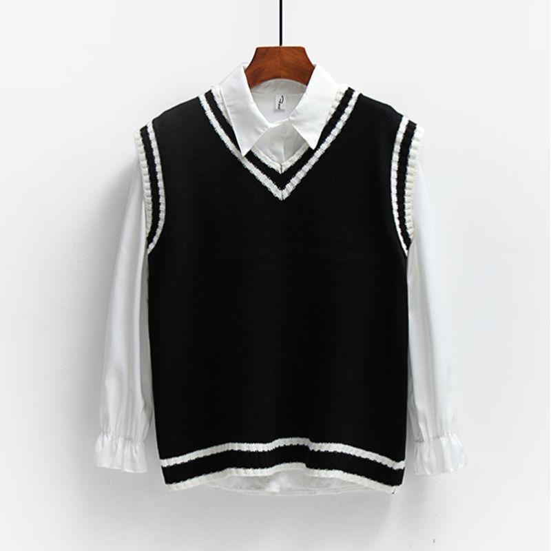 British Style College Style Sweater Vest Women Loose Wild Striped V-neck Sweater Vest Women's Jacket Thin Sleeveless Sweater