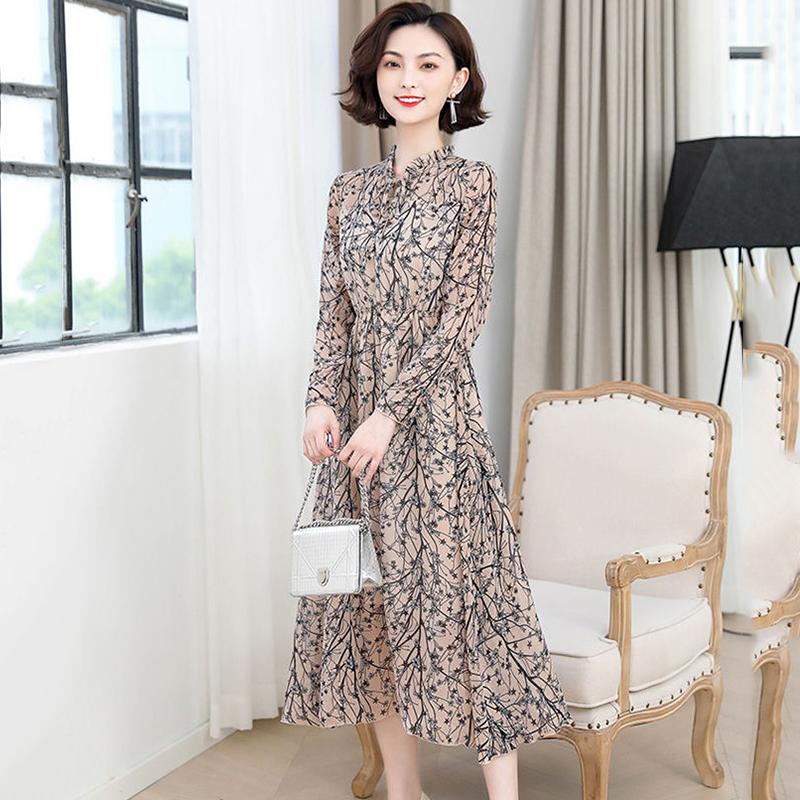 Floral Long Sleeve Dress Feminine Lotus Leaf Collar Chiffon Print Skirt Long French Retro Elegant Inside Outerwear Fabric Lightweight Breathable