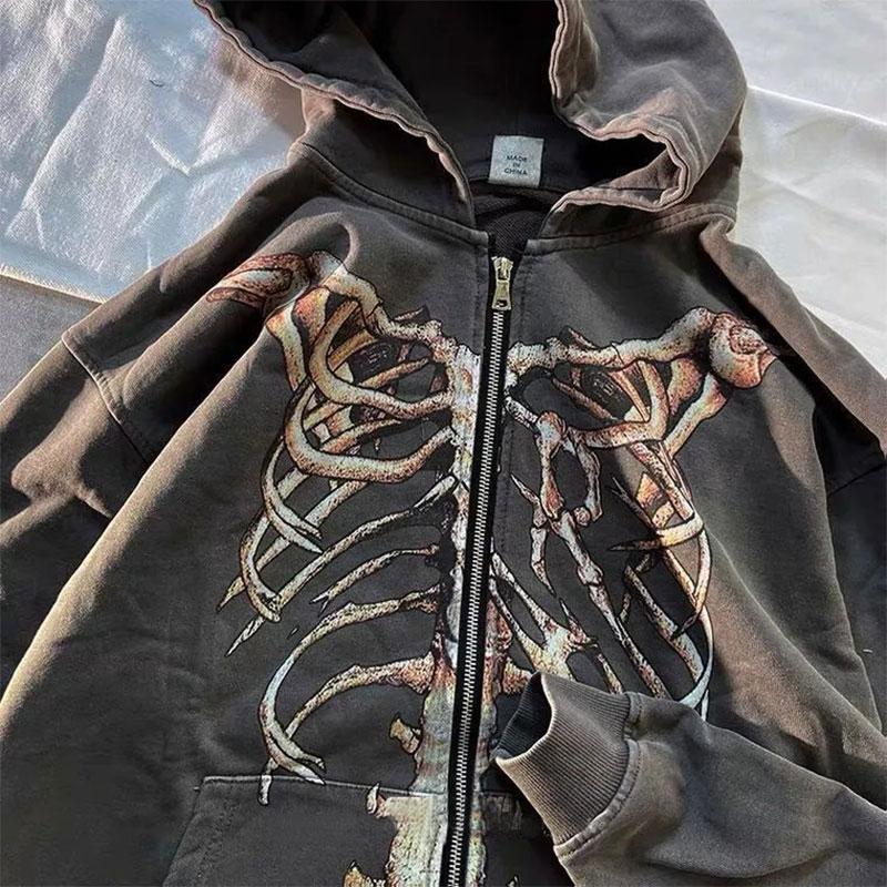 Men and Women Retro Dark Style Hooded Sweater Bone Old Zipper Sweater Oversize Street Hiphop Retro Cardigan