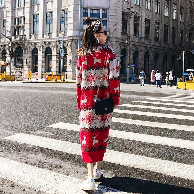 Super Long Pullover Sweater Women Autumn and Winter Fawn Print Red Christmas Sweater Loose Base Knitted Sweater Dress