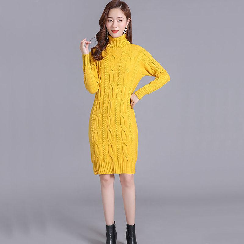Sweater Women's Turtleneck Pullover Mid-length Knitwear Korean Pure Color Trending Sweater Dress Clothes Set Autumn and Winter