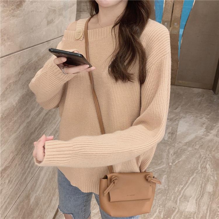 Sweater Women Loose Outer Wear Gentle Temperament Off-shoulder Long-sleeved Solid Color Pullover Sweater Top