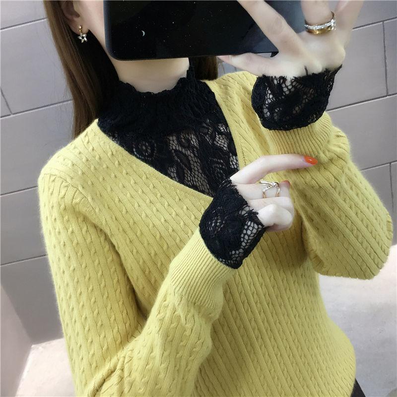 Autumn and Winter Fashion Simple Bottoming Shirt Lace Stitching V-neck Sweater Fashion Knitted Women's Top