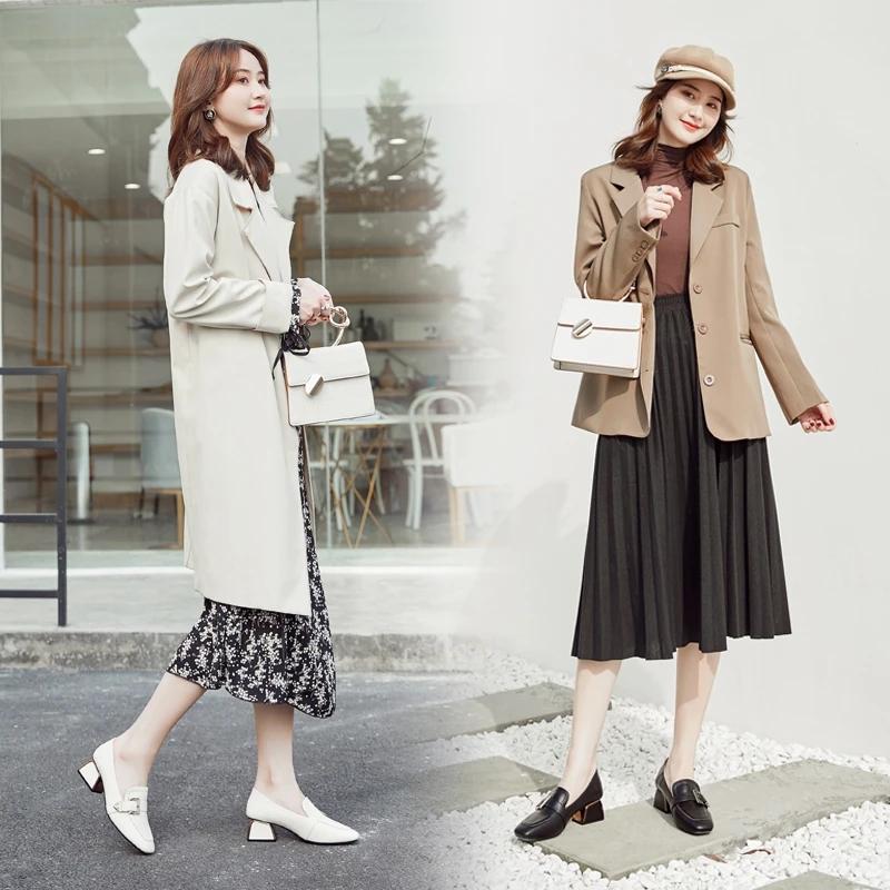 Women's Soft Surface Comfortable Square Toe Small Leather Shoes Real Cowhide Thick British Style Mid-heel Work Shoes Casual Shoes Single Shoes