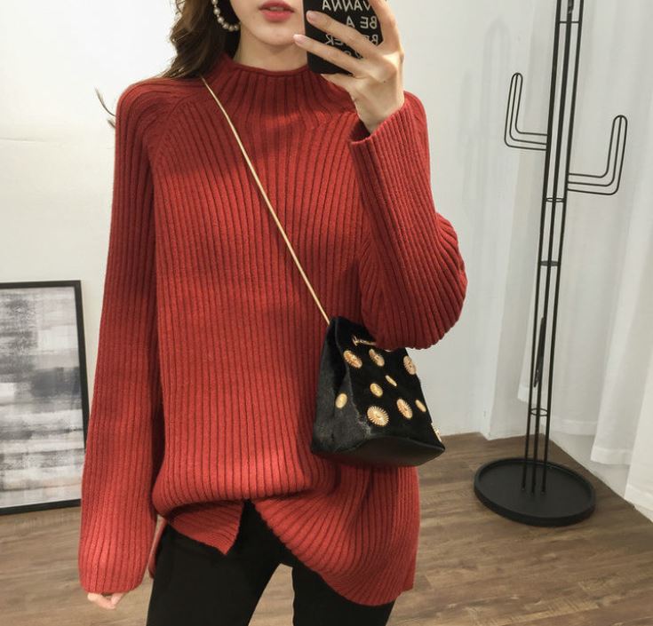Korean Style Fashion Loose Half Turtleneck Sweater Women's Solid Color Large Size Mid Length Knit Sweater