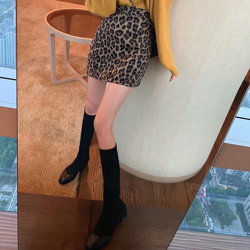 Women Sexy Leopard Tight A-line Hip Skirt Short Skirt Knee-length Zipper Club Casual Home Office
