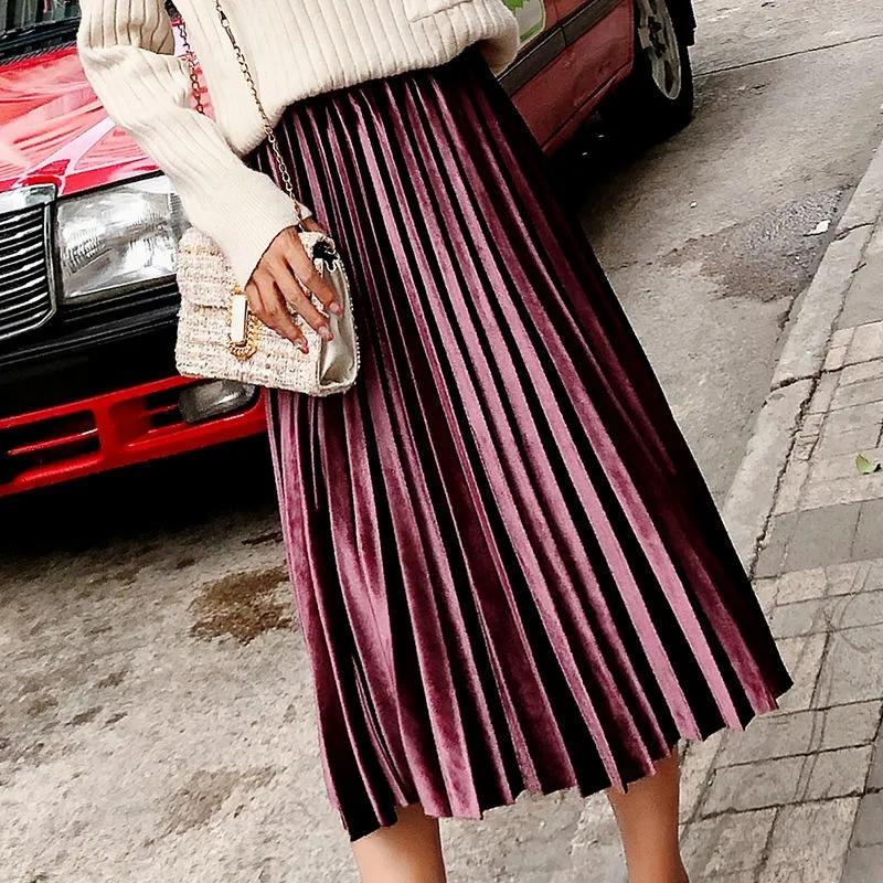 Velvet Pleated Skirt Women's Spring Autumn Korean Style High Waist Skirt Mid-length Slim A-line Skirt Long Skirt