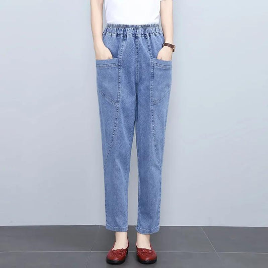 Large Pocket Loose Jeans Pants Women's Spring and Autumn Harem Radish Denim Pants High Waist Slim Casual Ninth Denim Trousers