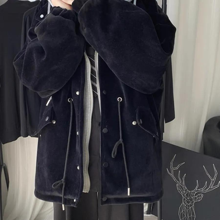 Fake Two-piece Velvet Thick Jacket Youth Hooded Zipper Cardigan Unisex Autumn and Winter Windbreaker Loose Casual Thick Coat