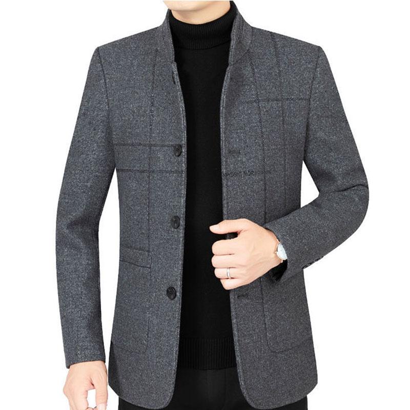Middle-aged Men's Jacket Autumn and Winter Thick Woolen Coat Woolen Woolen Winter Warm Standing Collar Jacket