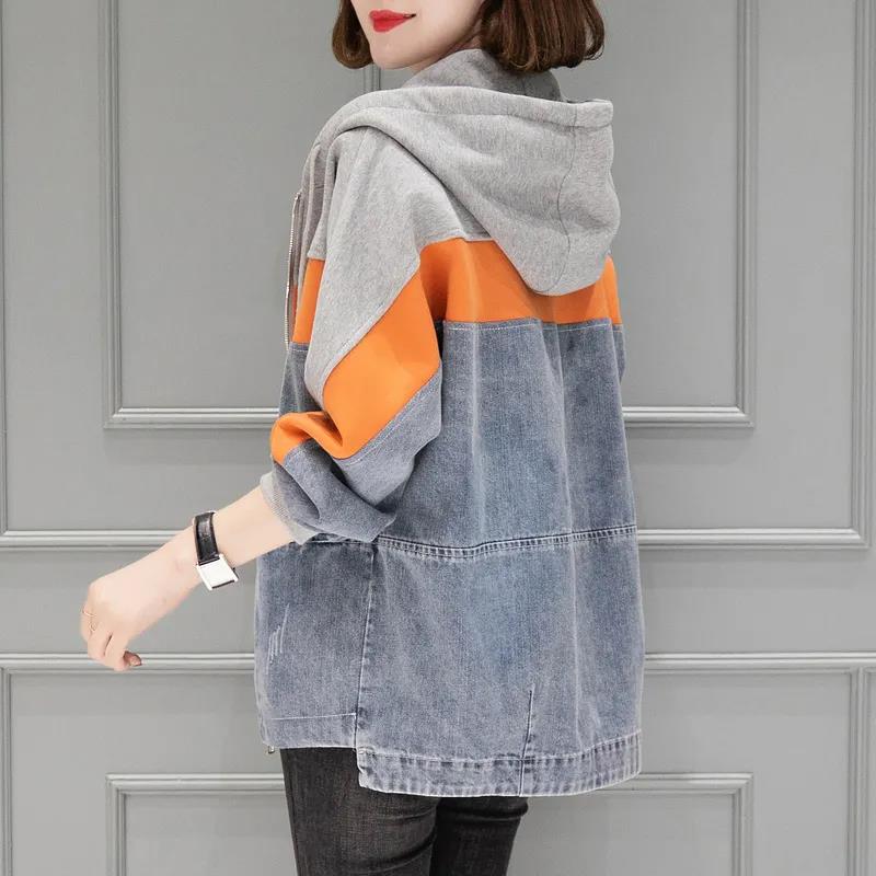 Women's Hooded Splicing Denim Jacket Spring Loose Large Size Jacket Autumn Casual Color Matching Denim Coat