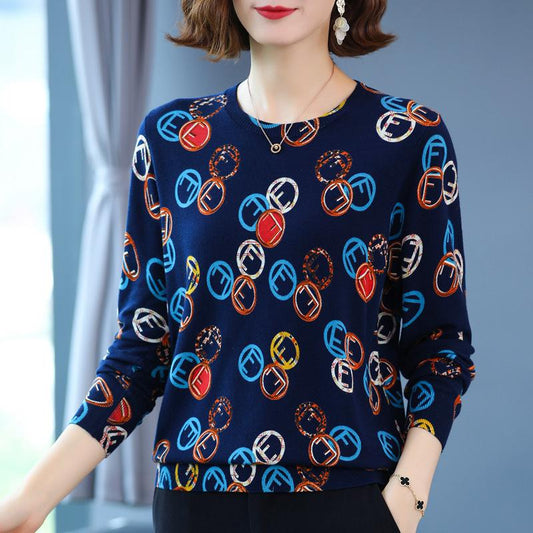 Autumn and Winter Printing Bottoming Shirt Women's Plus Size Casual Sweater Fashion Round Neck Printed Sweater