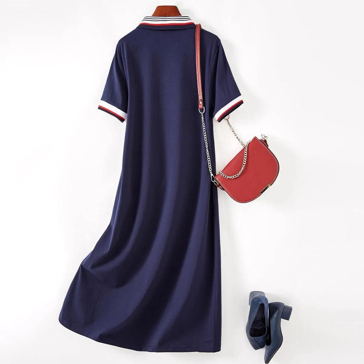 Temperament Casual All-match Sports Dress Female Summer Polo Collar Hit Color Slim Slimming Long Dress