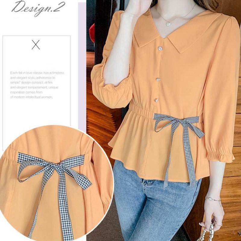 Doll Collar Shirt Women's Summer Lace Waist Cover Belly Shirt Three-quarter Sleeves