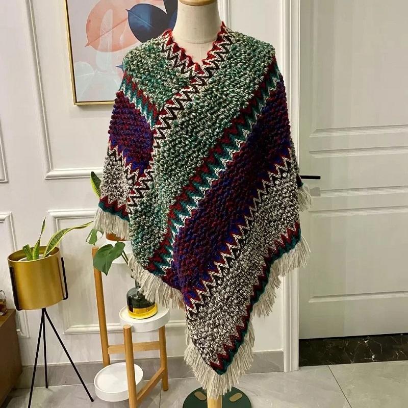 Ladies Ethnic Style Shawl Spring Autumn Striped Shawl Colorful Loose Coat Wild Bat-shaped Knitted Tassel Cloak Shawl Multifunctional Scarf Shawl