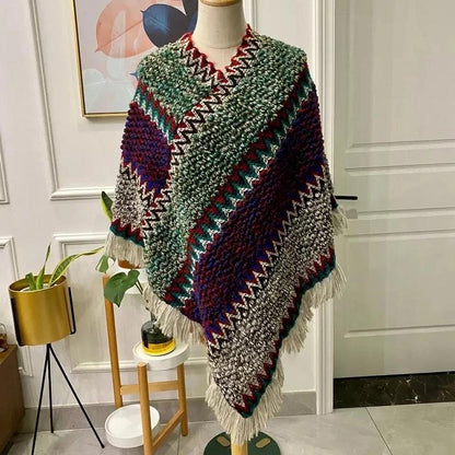 Ladies Ethnic Style Shawl Spring Autumn Striped Shawl Colorful Loose Coat Wild Bat-shaped Knitted Tassel Cloak Shawl Multifunctional Scarf Shawl