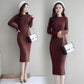 Knit dress female long-sleeved autumn and winter Slim bottom bag hip long sweater skirt