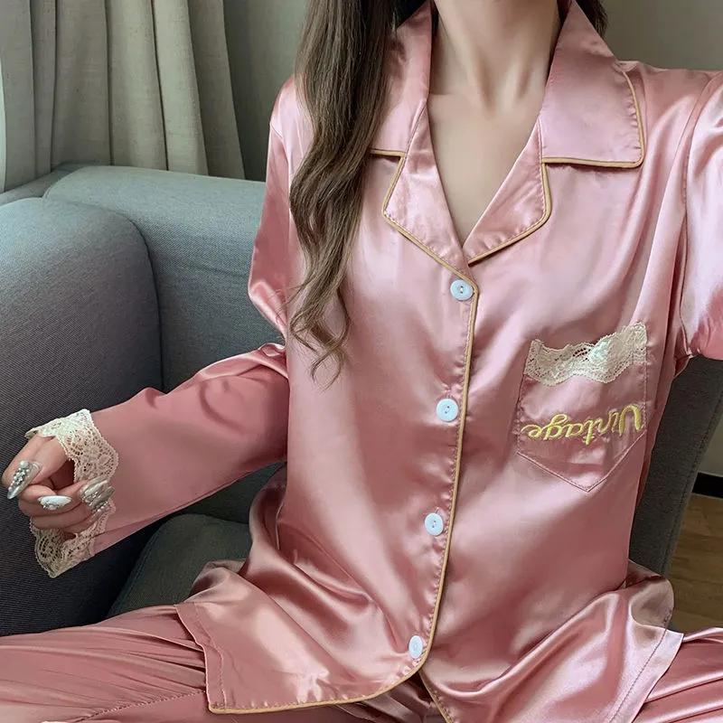 Women's Spring Autumn Long-sleeved Pajamas Set Thin Ice Silk Embroidered Homewear Sexy Simulation Silk Casual Suit Outer Wear Pyjamas Sleeping Suit