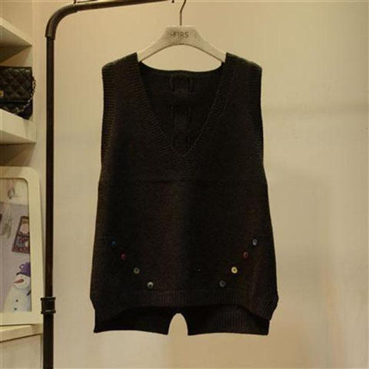 Spring and Autumn Color Buckle V-neck Vest Loose Wild Vest Fashion Back Strap Women Sweater