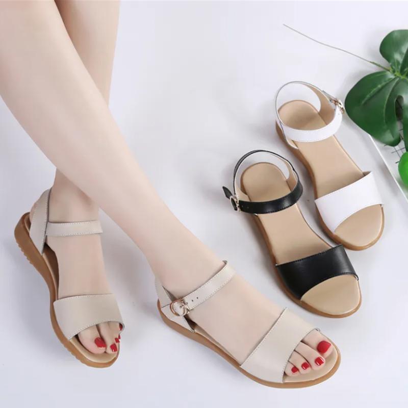 Leather Sandals Summer Ladies Non-slip Large Size Wedge Flat Sandals