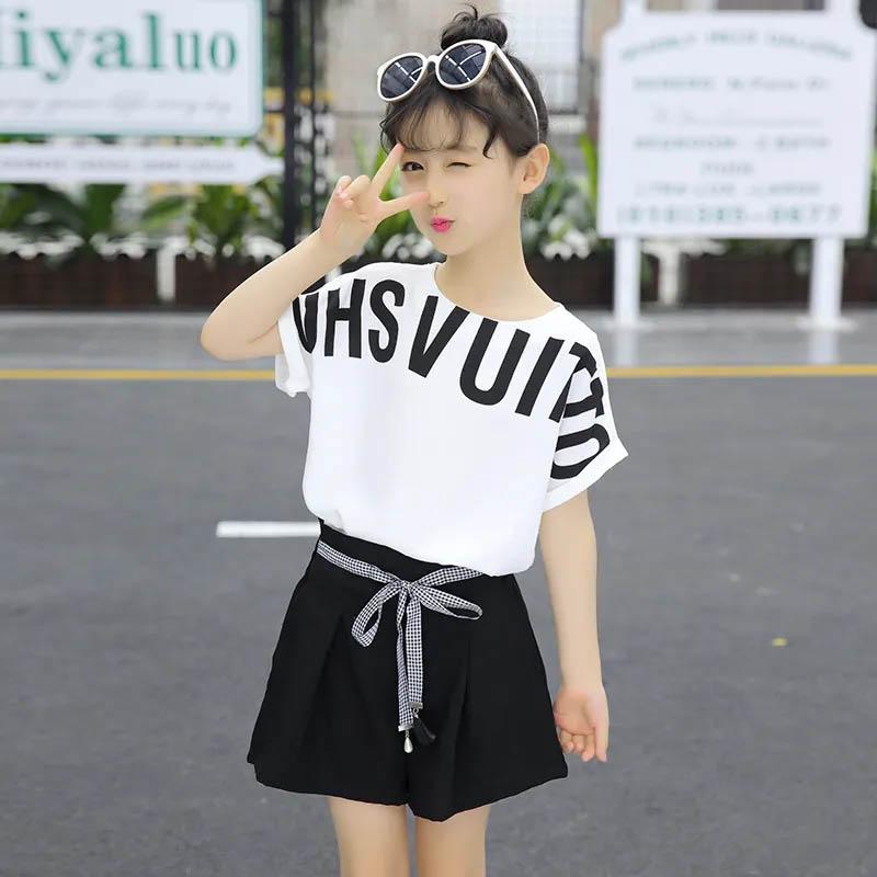 Girls Summer Suit Fashion Short-sleeved T-shirt Lace-up Shorts Cool Breathable Sweat-absorbing Comfortable Skin-friendly Children's Two-piece