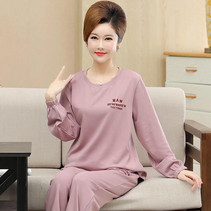 Women's Long Sleeve Pajamas Suit Spring Autumn Cotton Sleepwear Set Winter Warm Big Size Loose Casual Home Wear Cute Nightwear Pullover Round Collar