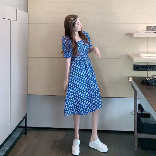 Women's Summer French Elegant Blue Square Shoulder Bubble Sleeve Backless Floral Design Niche Dress