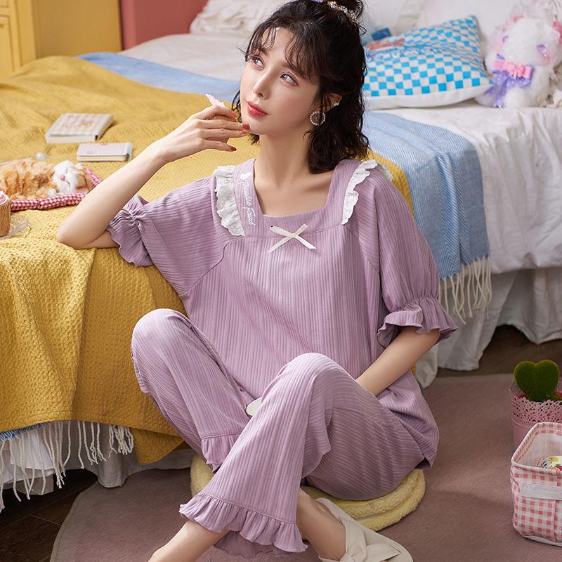 Pajamas Women's Spring and Summer Short-sleeved Trousers Cotton Suit Cute Lace Edge Loose Large Size Can Be Worn Outside Home Clothes