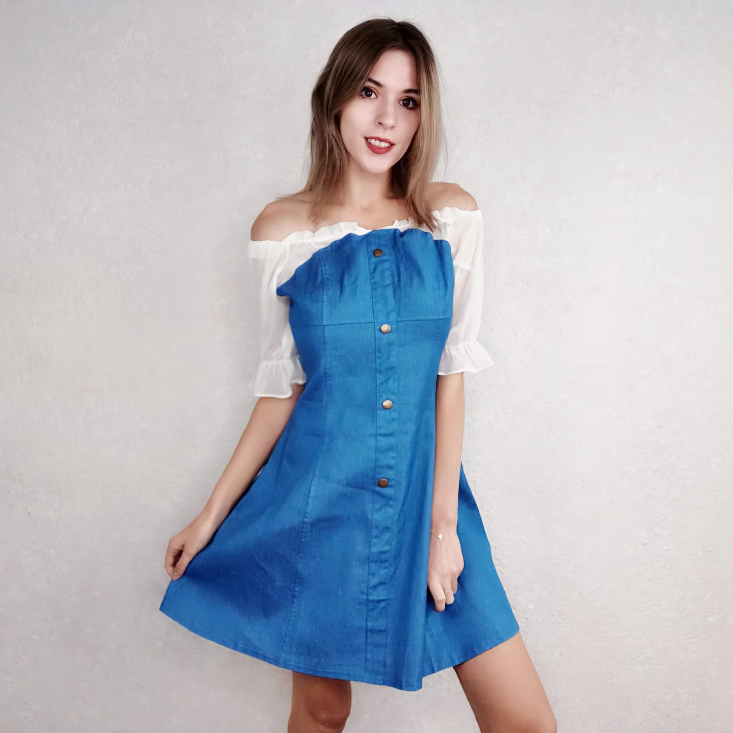 Women High Waist A-line Denim Dress Chiffon Stitching Off Shoulder Dress Female Short  Dress for Party Beach