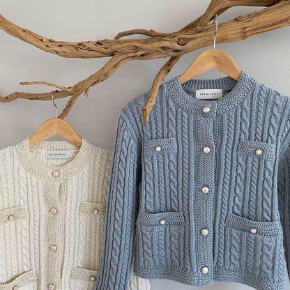 Women's Short Knitted Cardigan Autumn Winter Solid Color Sweater Coat Women's Pearl Button Twist Knit Top Cardigan Sweaters with Pockets