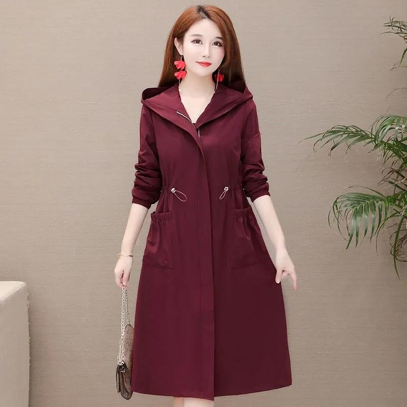 Women's Mid-length Hooded Windbreaker Solid Color Elastic Waist Thinner Hooded Jacket Korean Style Large Size Loose Jacket Drawstring Zipper Jacket