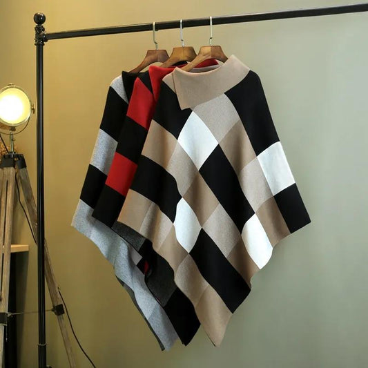 Loose Cloak-type Mid-length Cloak Plaid Pullover Loose Knit Jacket Ladies Temperament Outer Sweater Simple and Versatile