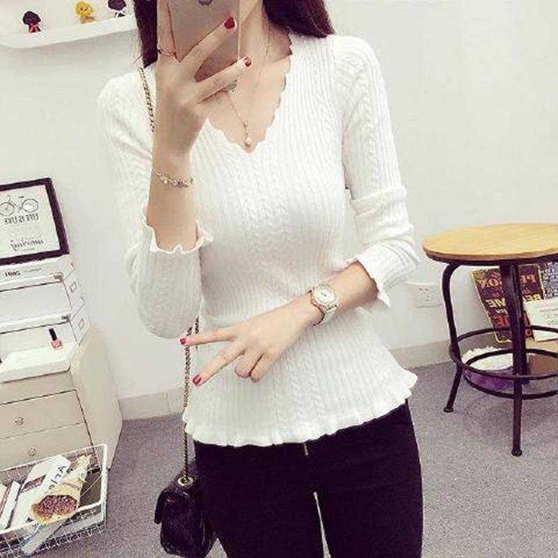Pofulove Women's Long-sleeved V-neck Red Knitted Bottoming Shirt Autumn Winter Pullover Sweater